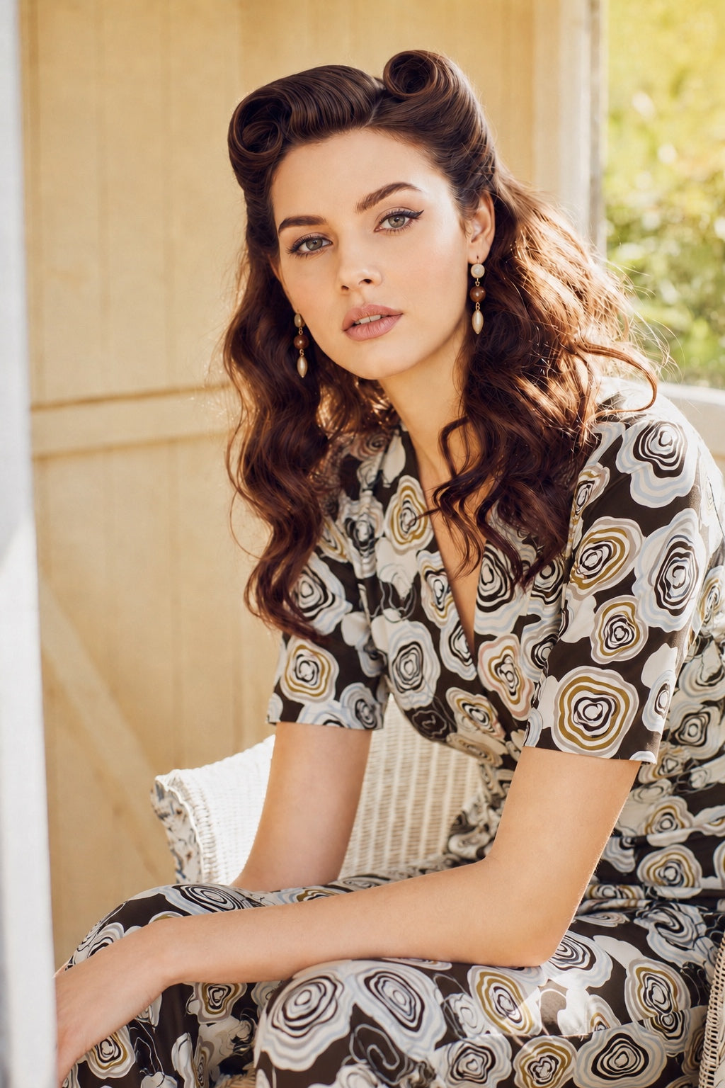 Female model wearing a Bloombury Set inspired print dress