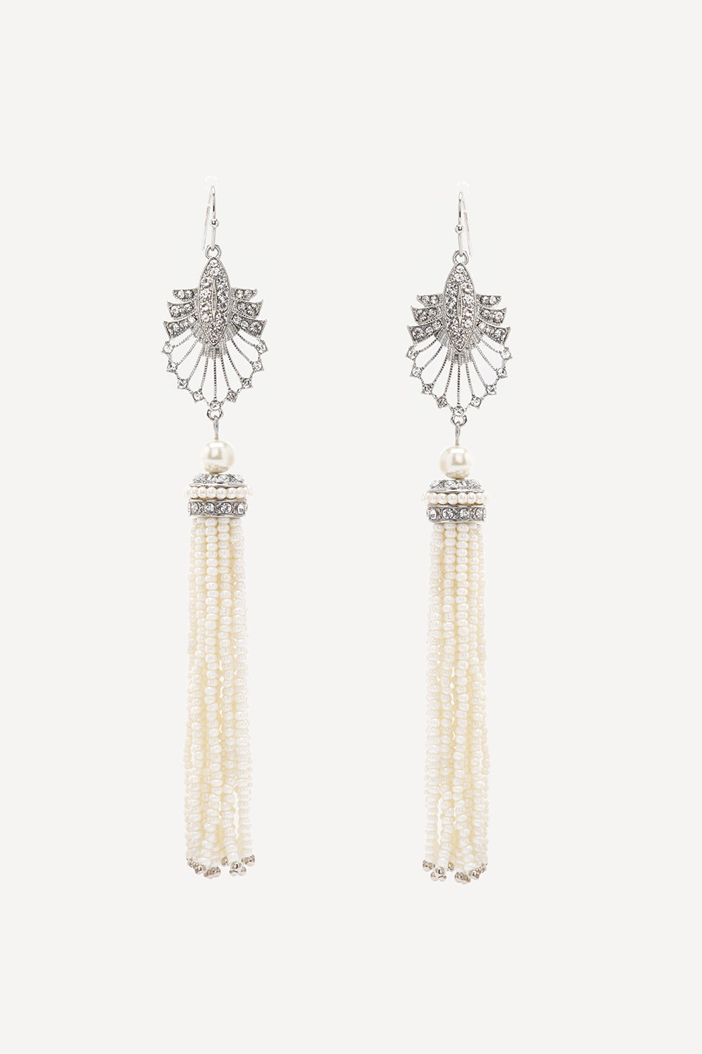 1920s Art Deco Pearl tassel earrings with decorative elements on a white background