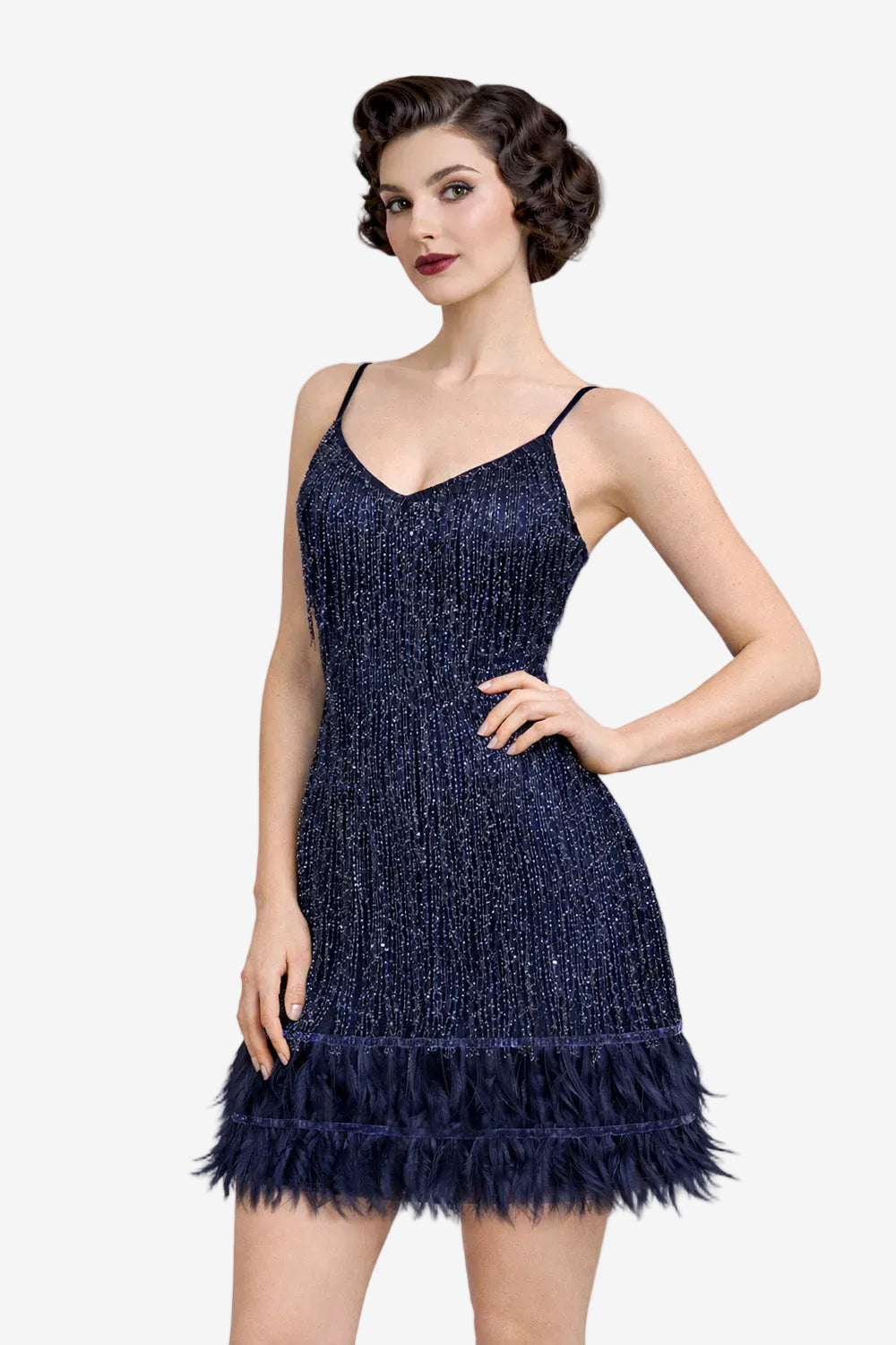 Woman wearing a 1920s Great Gatsby style navy flapper dress