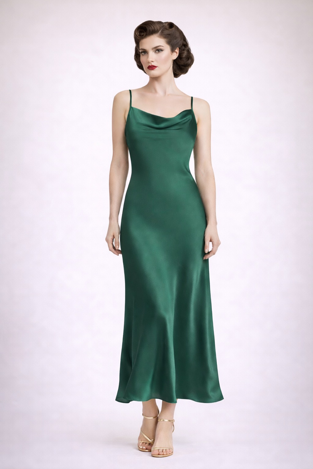 Woman wearing a green satin slip dress on a white background