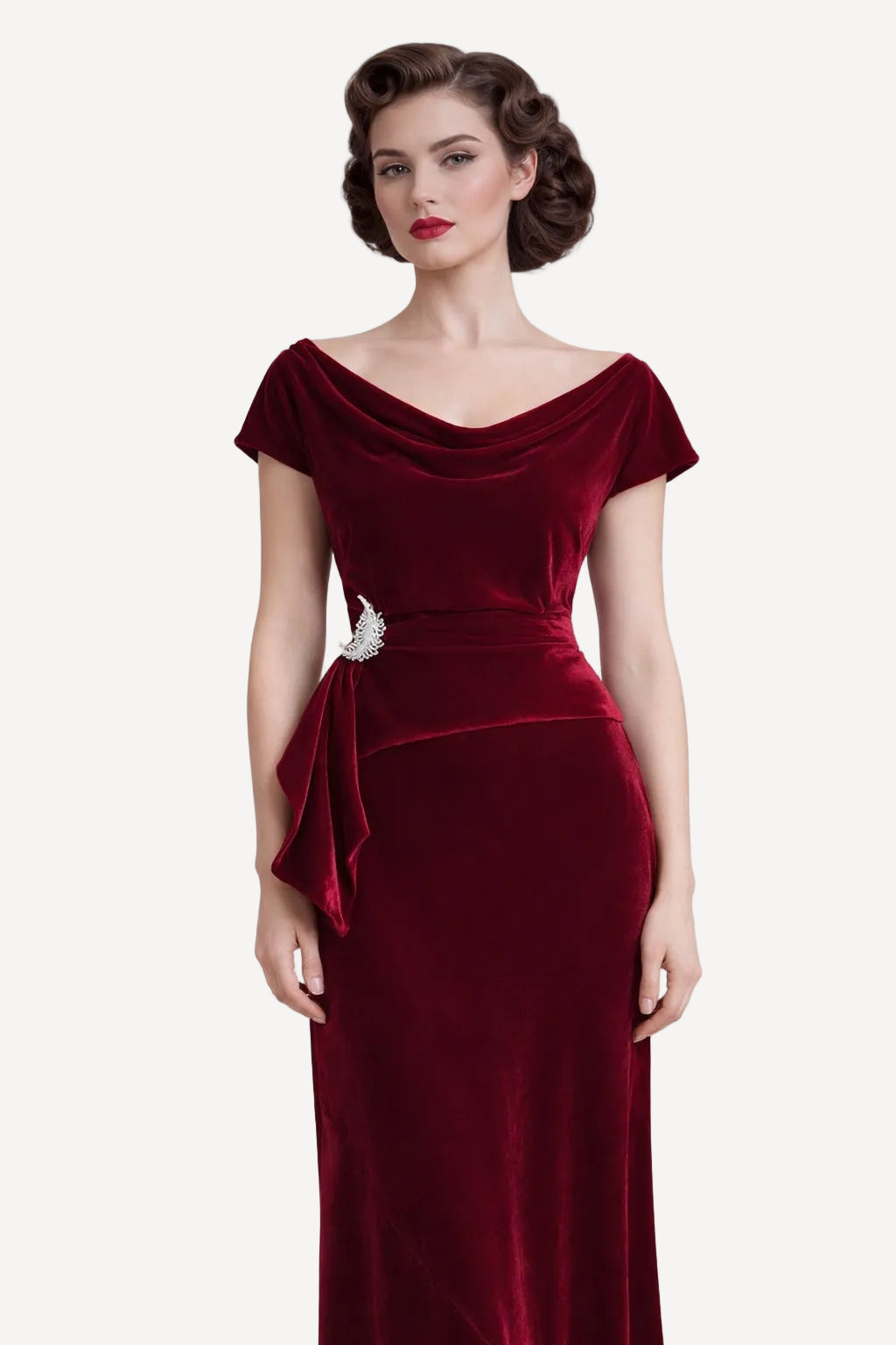 1930s style red velvet maxi dress worn by a model against a white background.