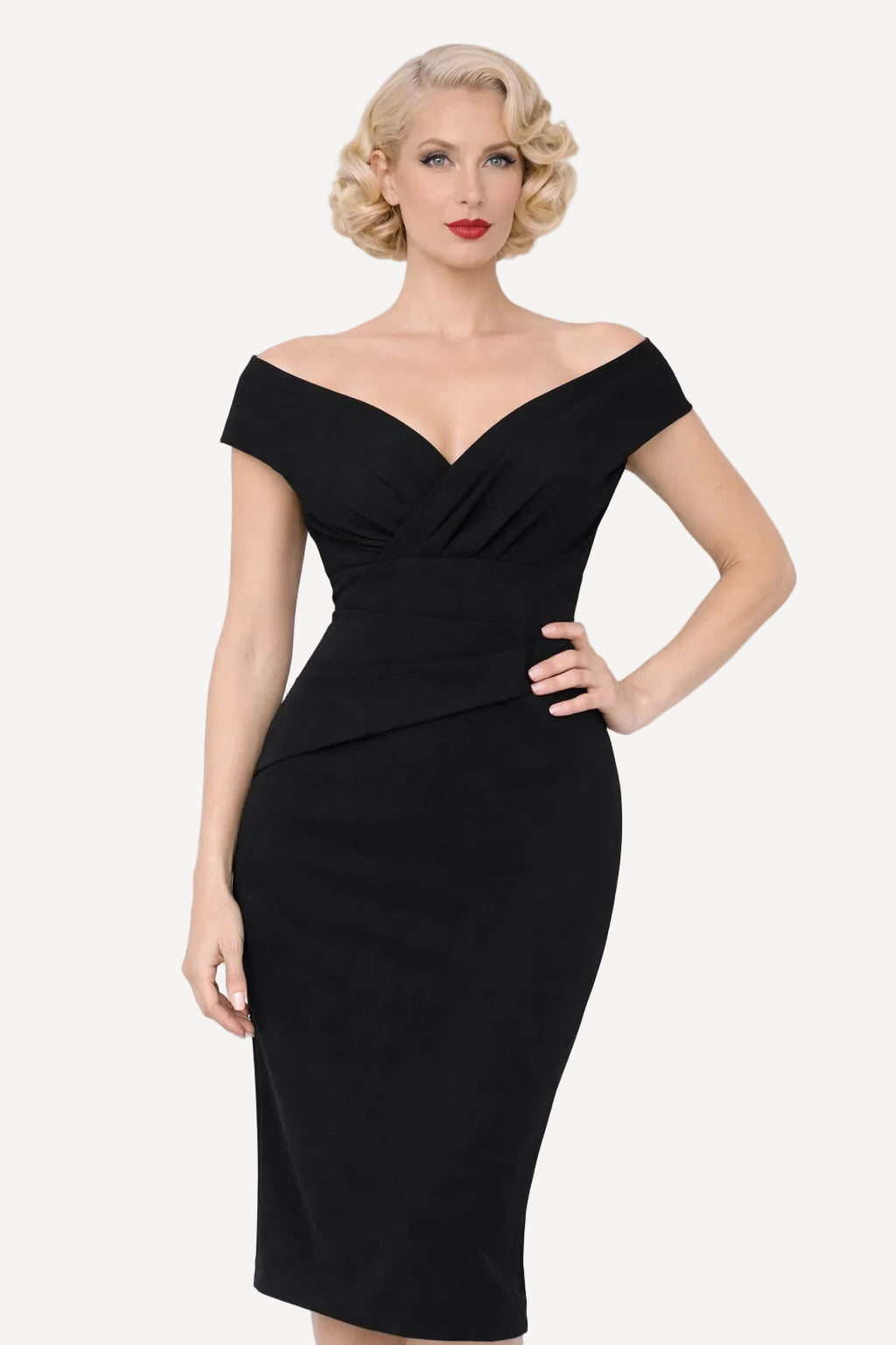 Woman wearing a black off-shoulder 111950s style wiggle dress against a white background