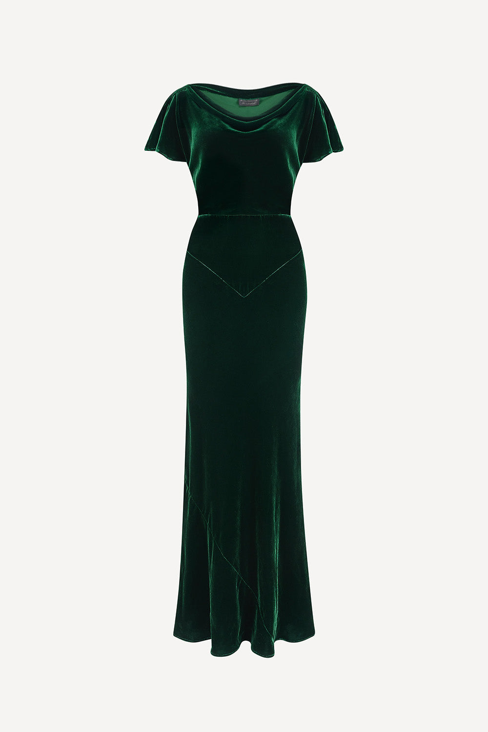 Green velvet maxi dress on a white background