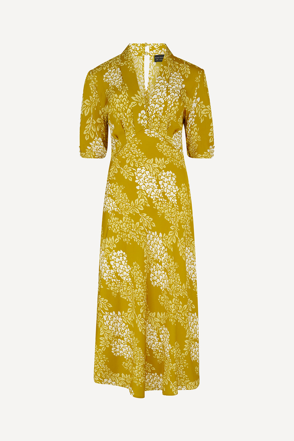 A yellow midi dress with a white floral pattern, featuring short sleeves, a split neckline, and a V-neckline, shown against a light grey background.