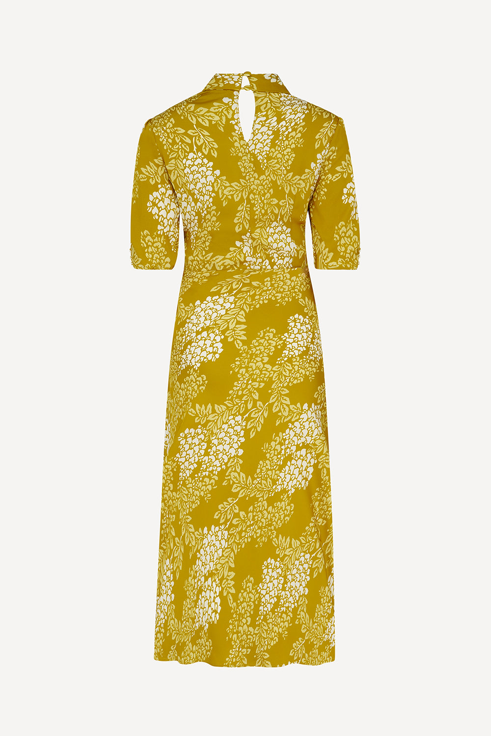 The back view of a yellow midi dress with a white floral pattern, featuring short sleeves, a split neckline, and a V-neckline, shown against a light grey background.
