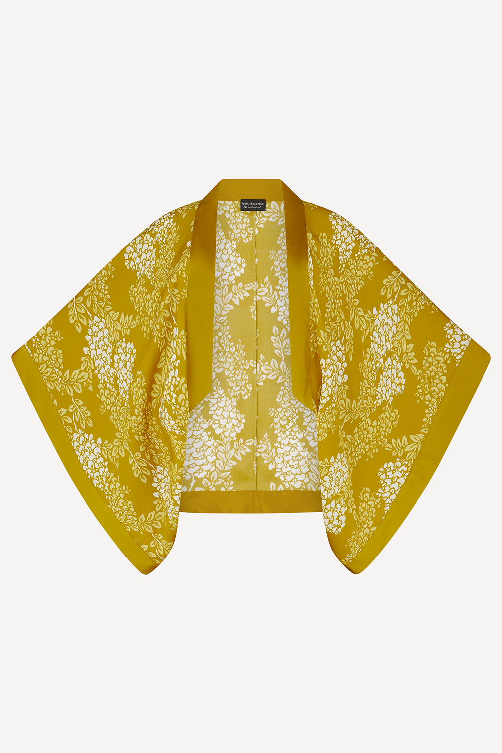 A yellow kimono-style cardigan with wide sleeves and a white floral pattern, displayed flat against a light grey background.