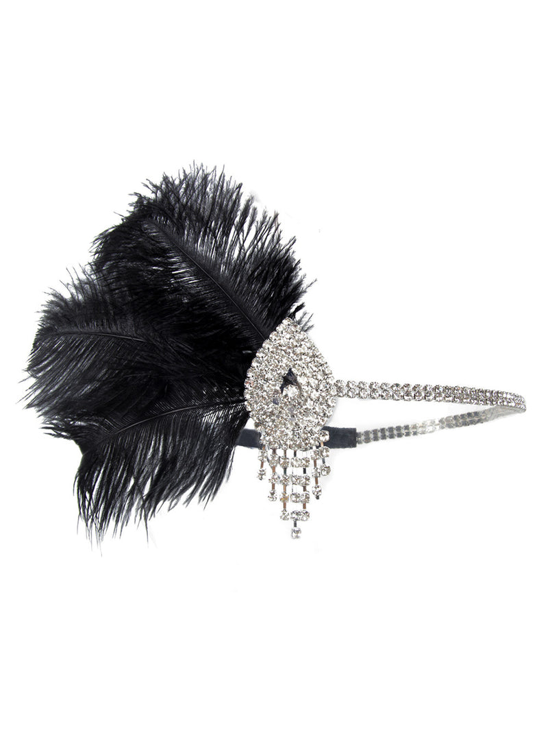 Feather & crystal headband in black