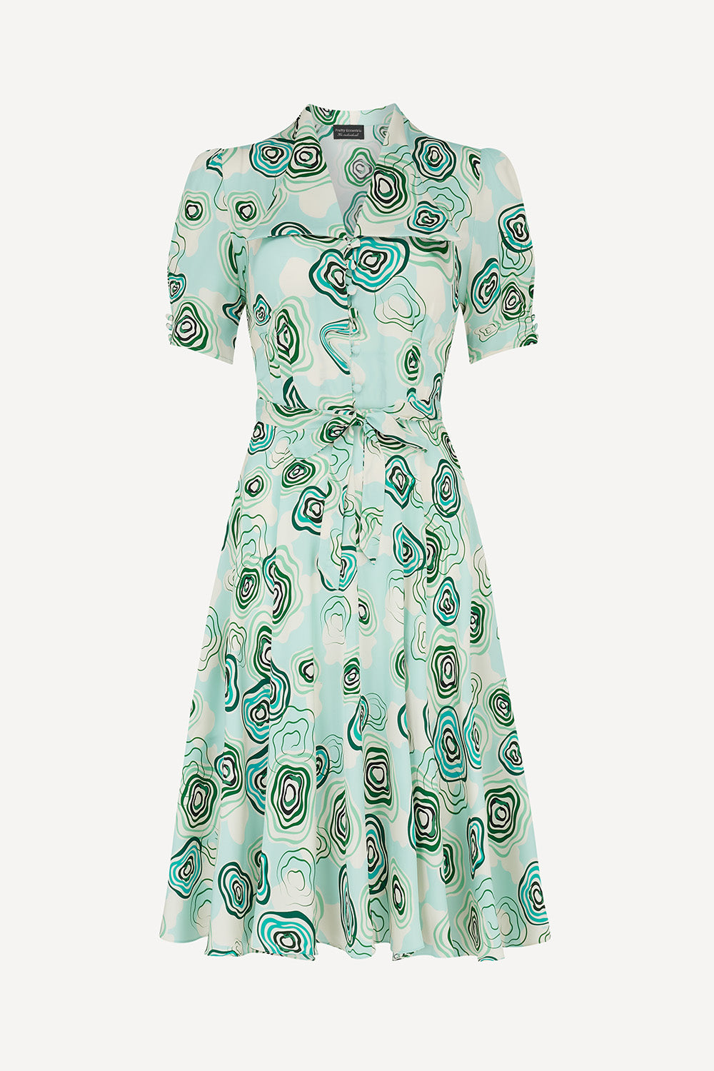 A short-sleeve 1940s midi dress with a tie-front neckline and a swirling abstract print in mint green, teal, and dark green on a light cream background, shown against a plain light grey studio background.