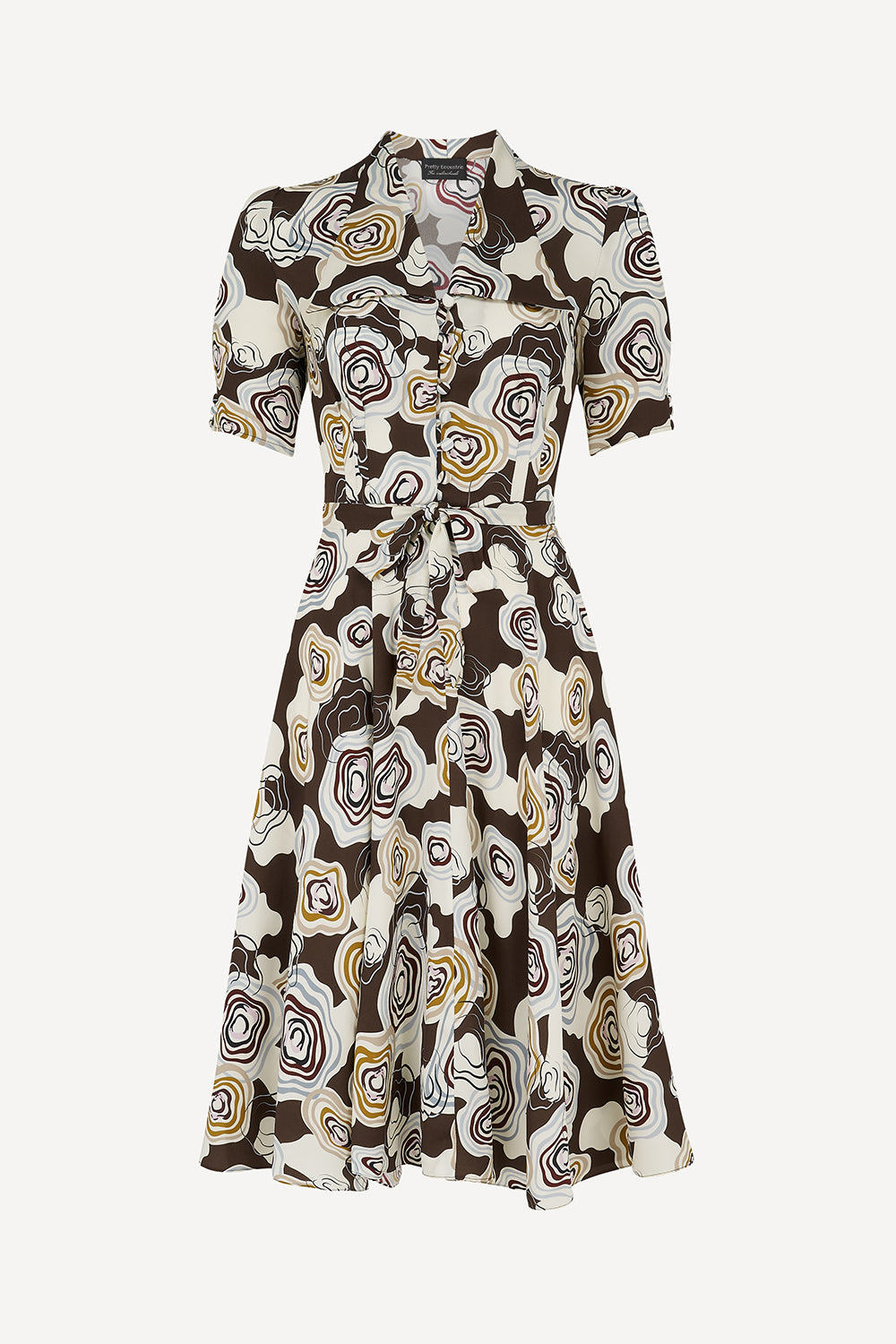 A short-sleeve collared dress with a self-tie waist and an abstract swirling print in brown, cream, black, and mustard yellow, shown against a light gray background.