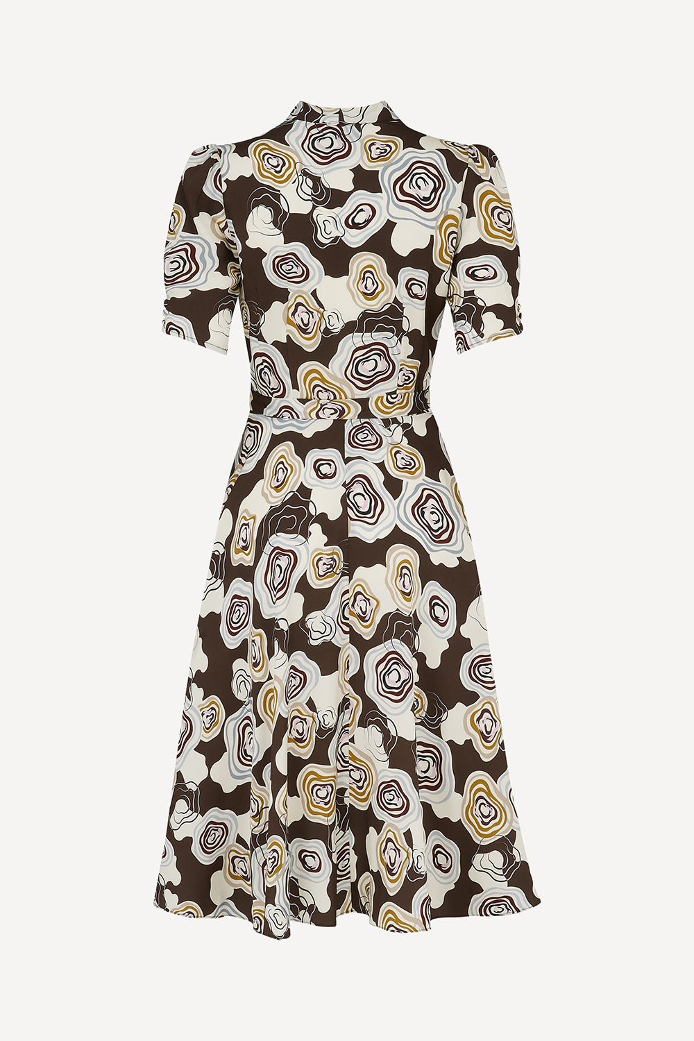 A short-sleeve midi dress with puff sleeves and an abstract floral pattern in brown, cream, and mustard yellow, shown against a plain light gray background.