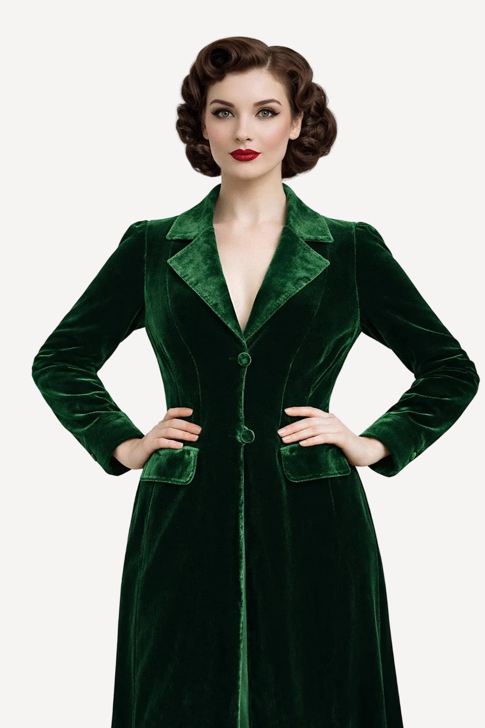 Green velvet coat worn by model against a white background