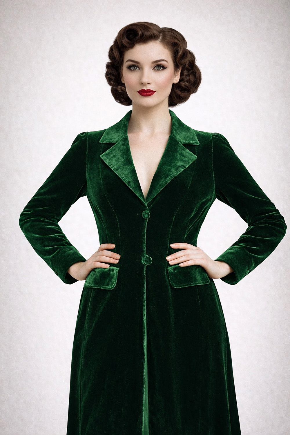 Green velvet coat worn by model against a white background