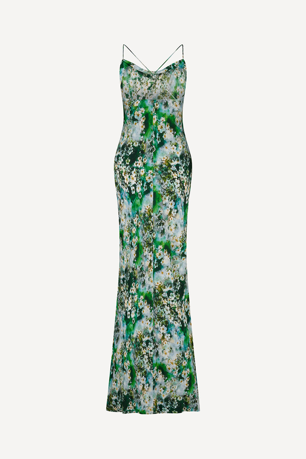 The back of a sleeveless cowl-neck silk maxi dress with thin spaghetti straps, featuring an all-over green, white, and light blue floral print, shown against a plain light gray background.