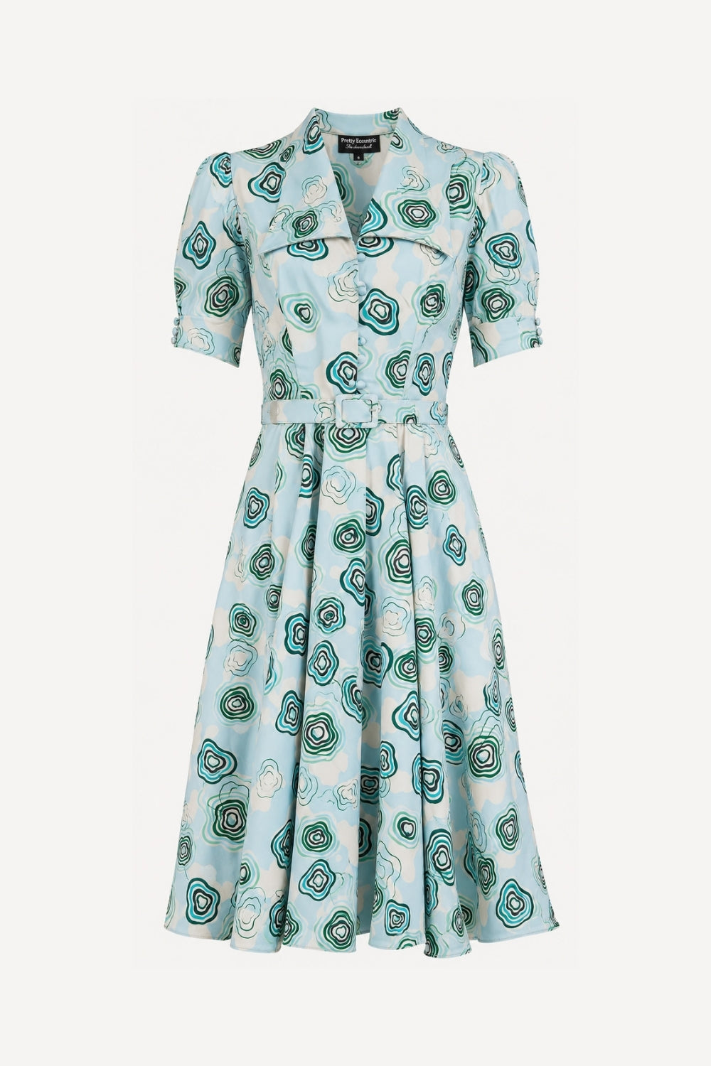 A pale blue 1940s swing dress with half-circle skirt, stylised collar and button down front bodice in an abstract floral print in a pale grey background.