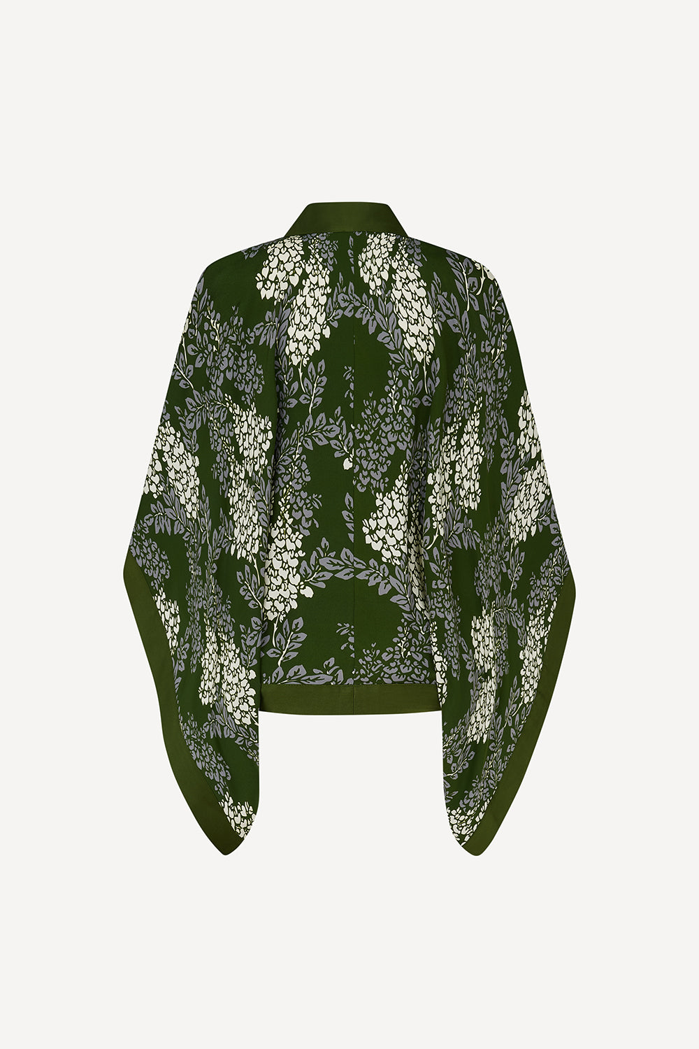 A dark khaki green open-front cardigan featuring a white floral and vine pattern, displayed against a light grey background.