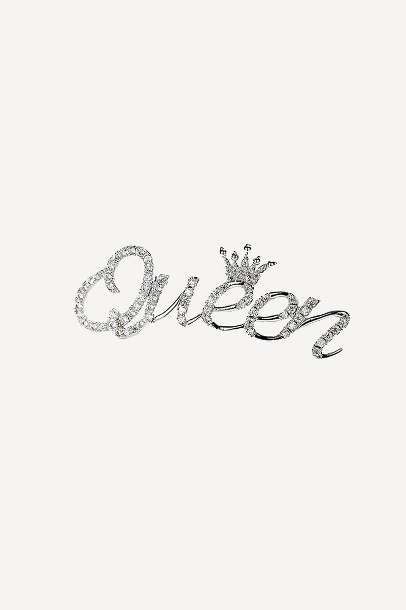 Queen script crystal brooch in silver