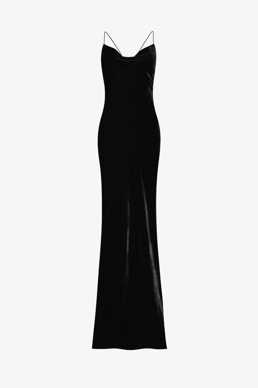 A black 1930s Siren style bias cut velvet slip dress with get spaghetti straps on a pale grey back ground