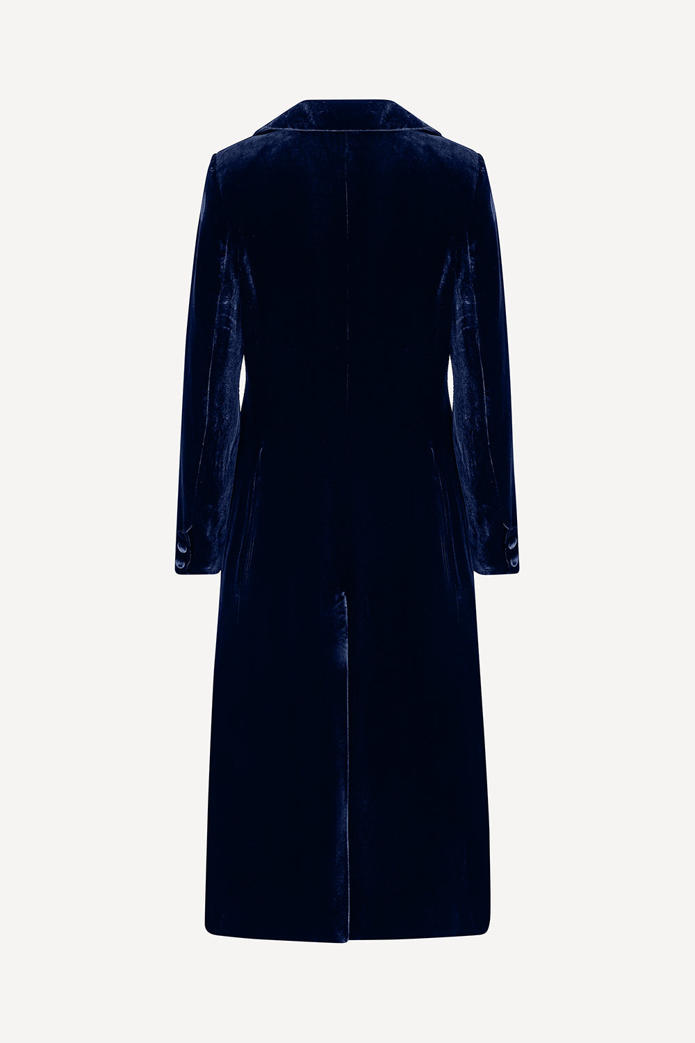 Navy velvet coat on a light gray background