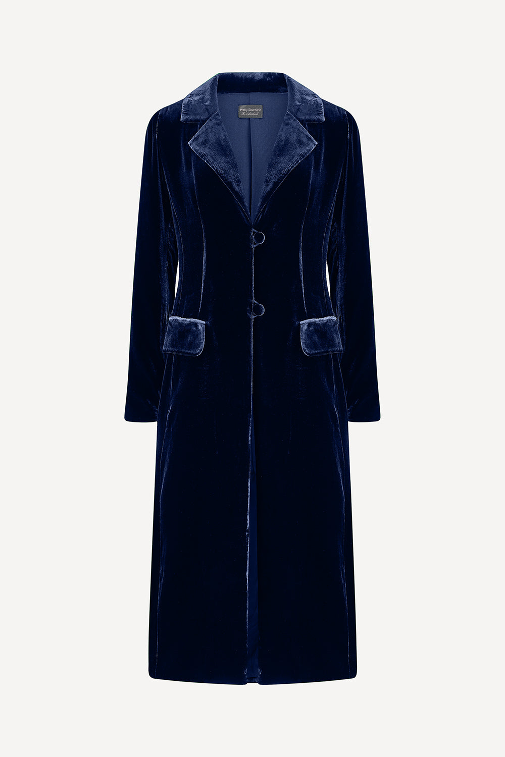 Navy velvet coat for women on a light gray background