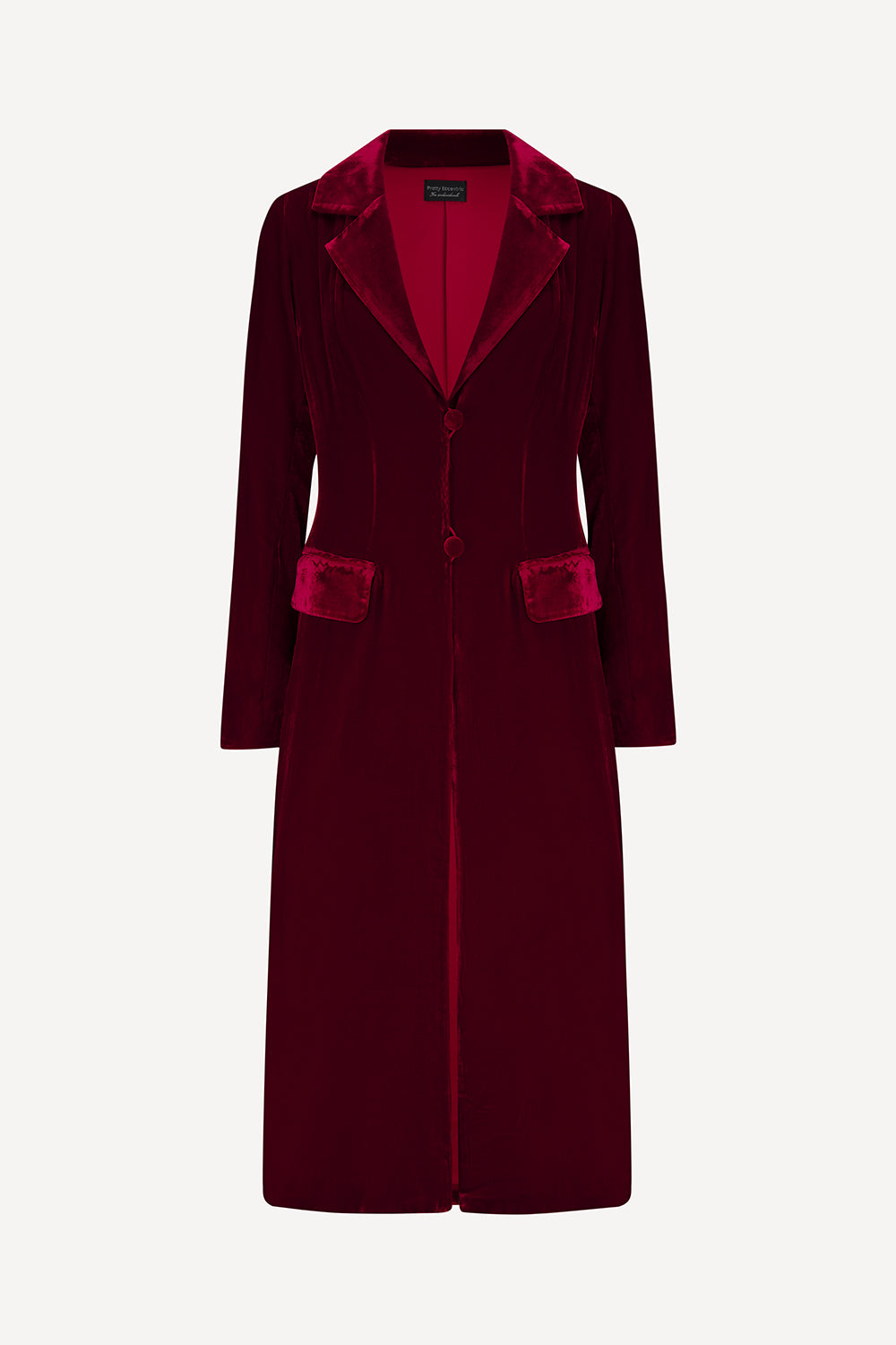 Red velvet coat for women on a white background