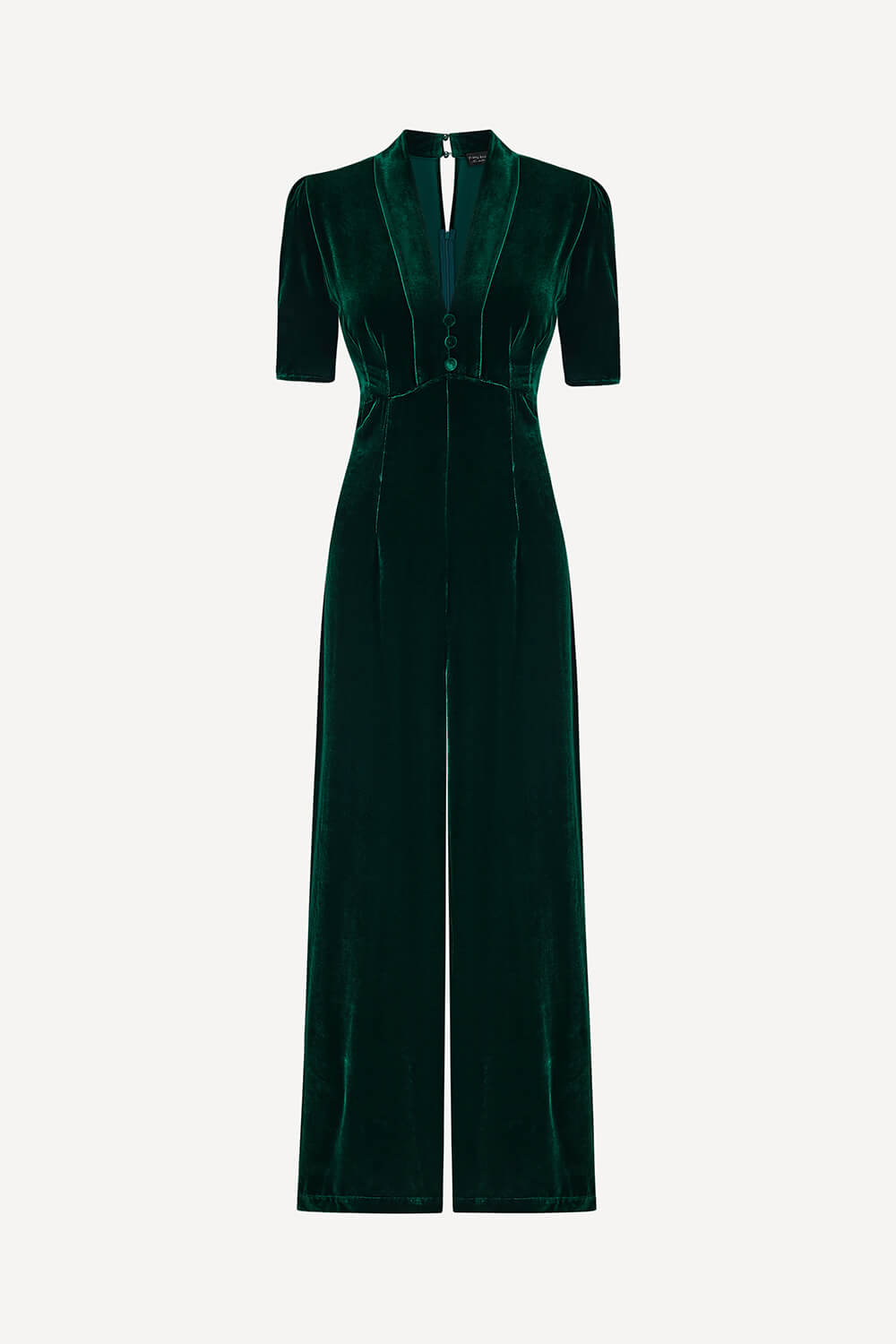 Green velvet jumpsuit on a white background