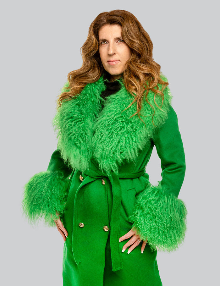 Model wearing green flapper dress