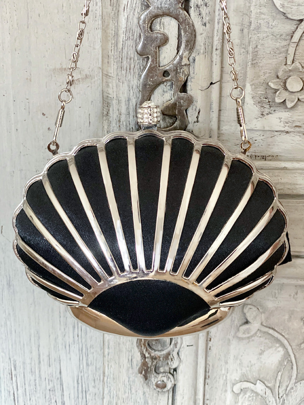 Venus clam shell clutch in black satin