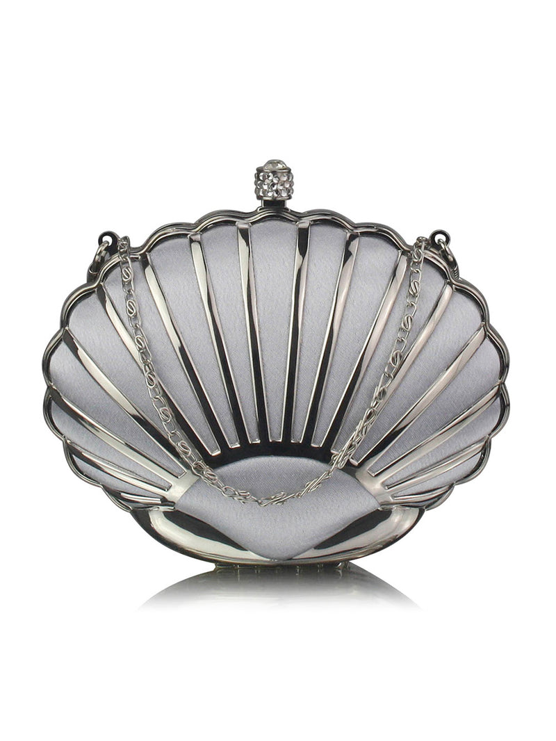 Venus clam shell clutch in silver satin