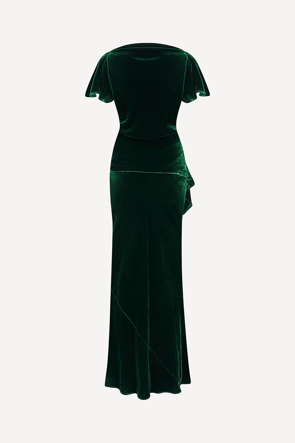 Green velvet dress with a draped effect on a white background
