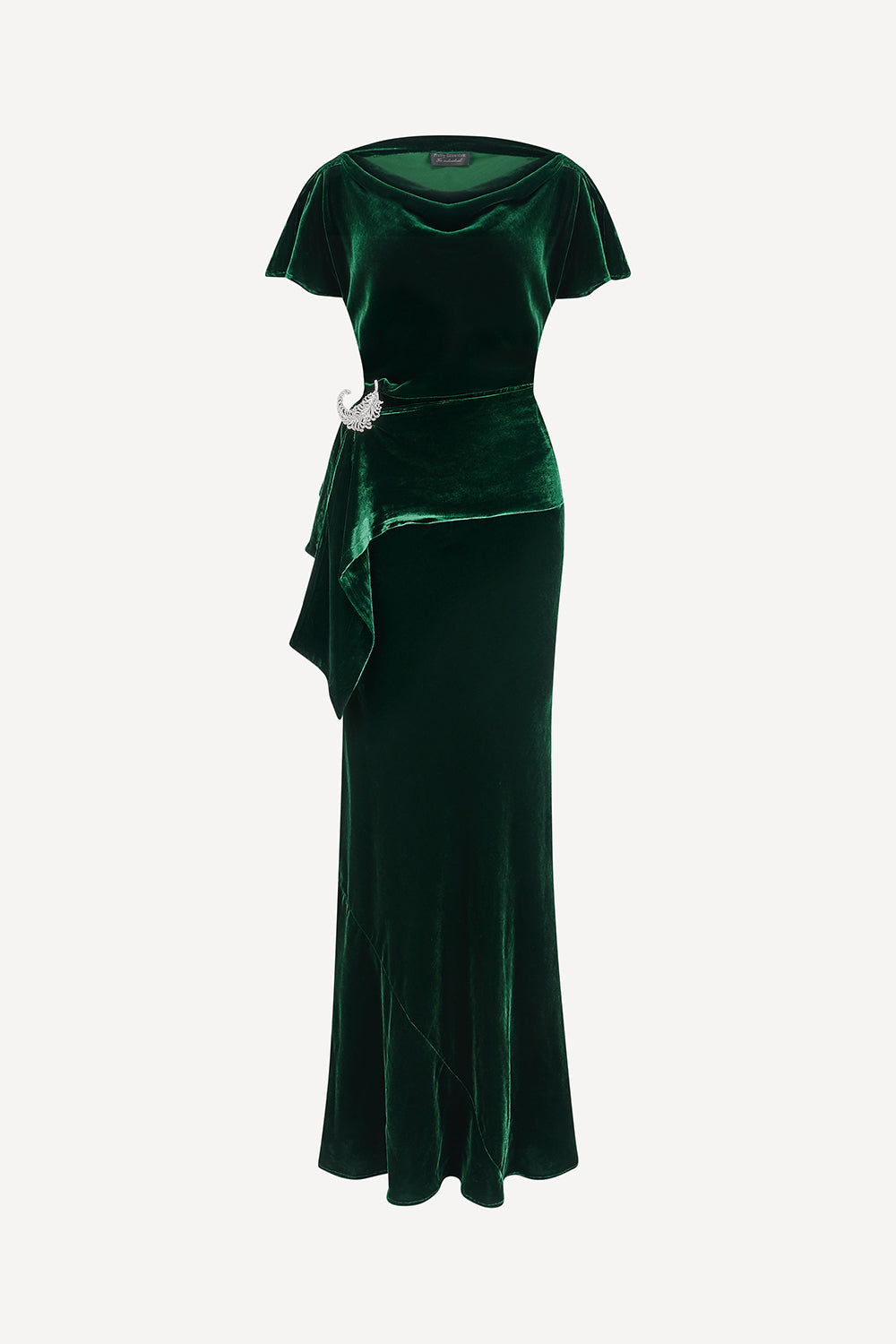 Green velvet evening gown with a draped effect on a white background