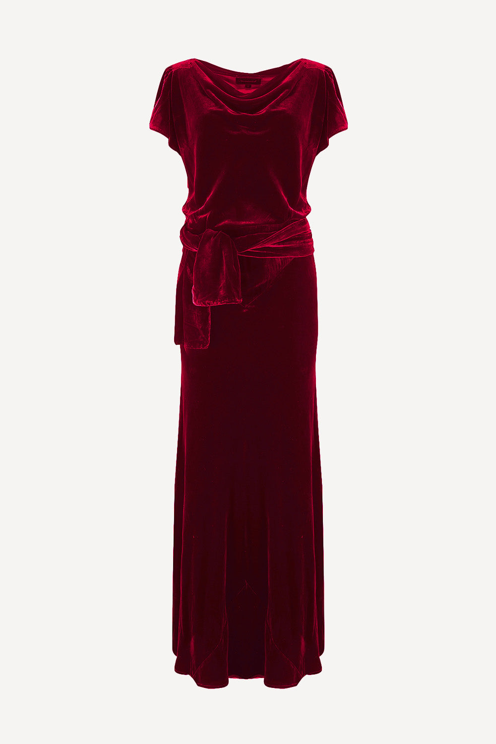 Red velvet dress with a belt on a white background