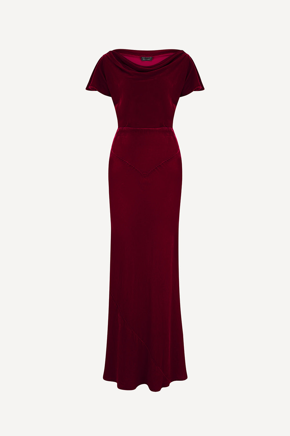 dark red velvet evening gown on a white background