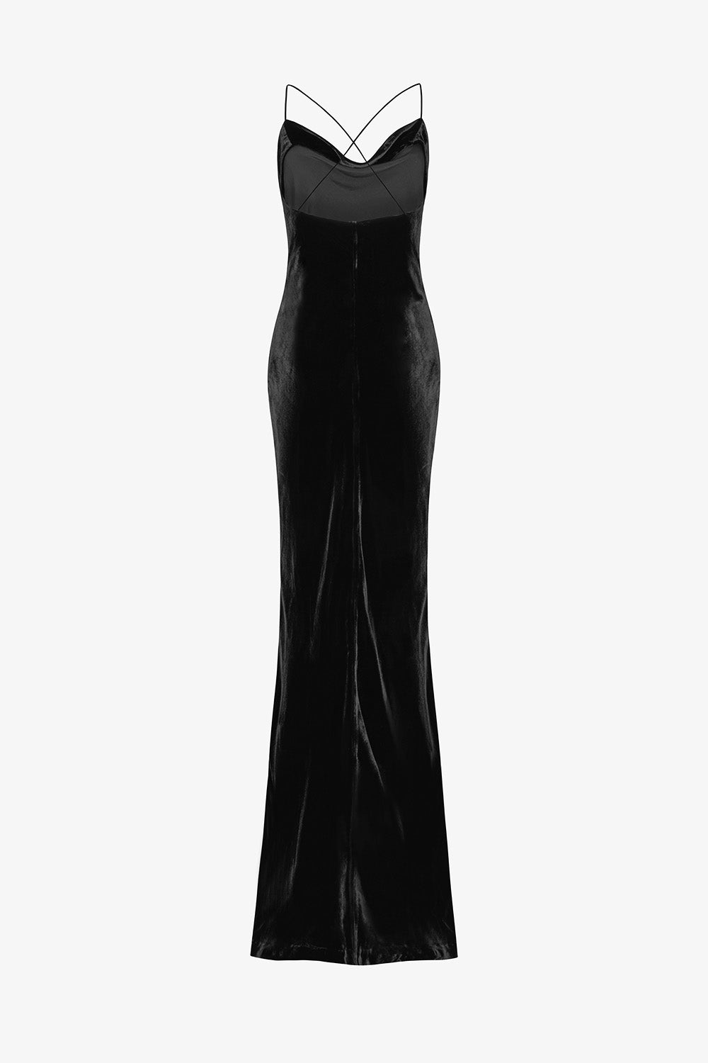 A black velvet 1930s style slip dress with thin double spaghetti straps, shown against a plain light gray background.