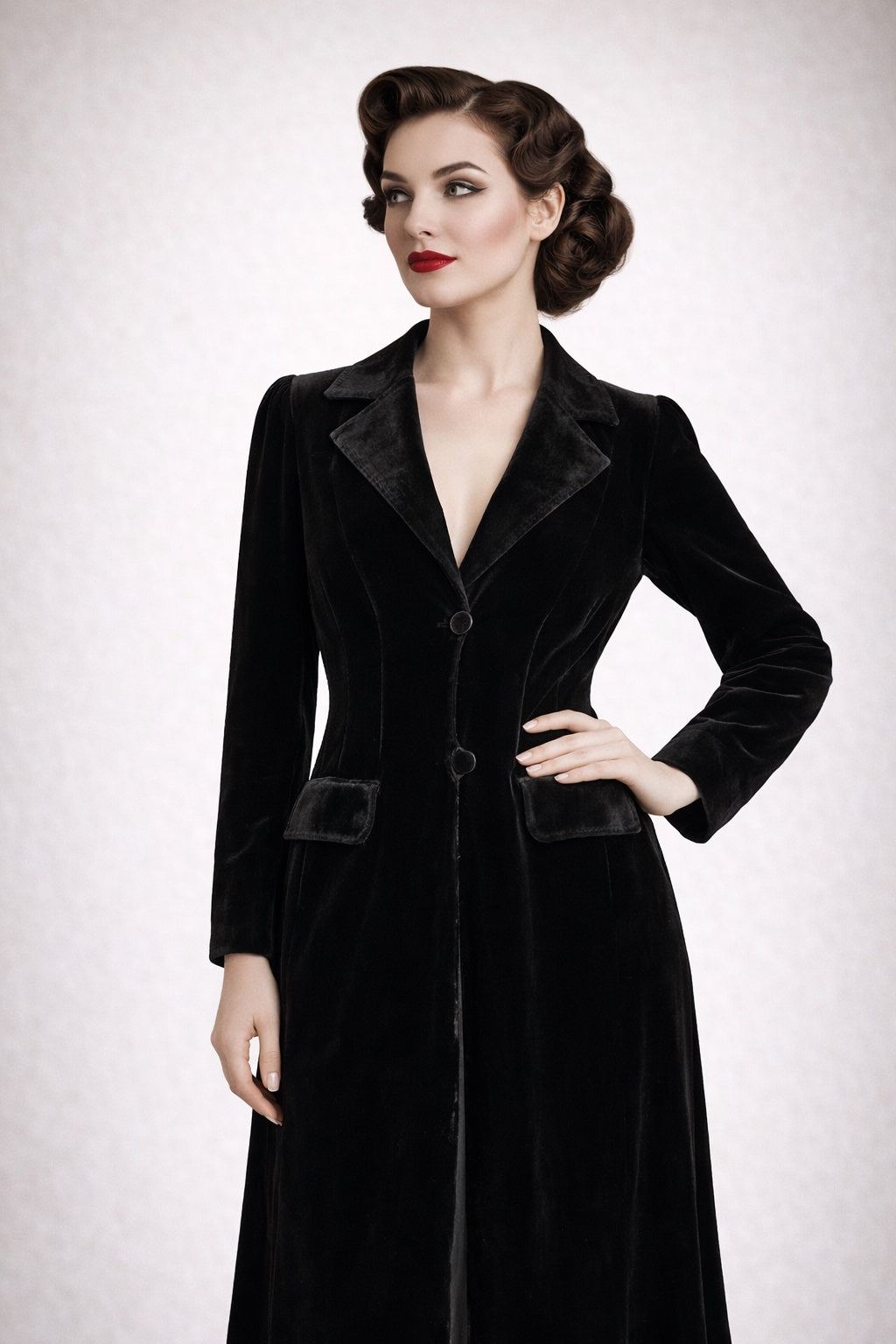 Woman wearing a black velvet coat against a white background