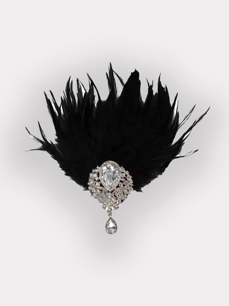 Crystal drop feather hair clip in black