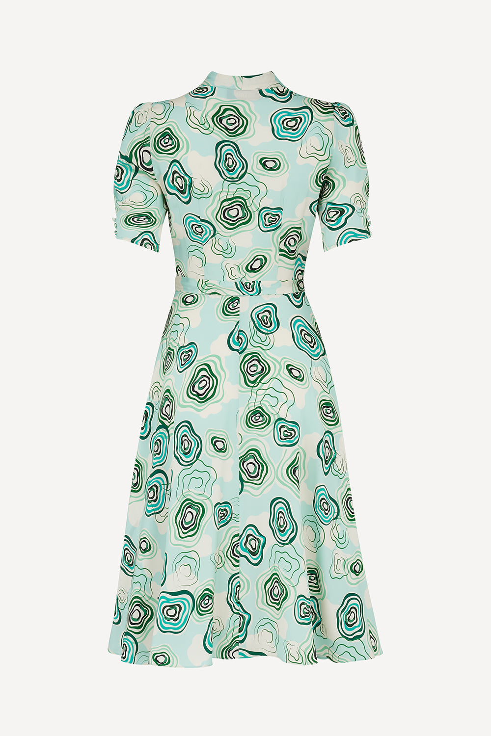 A short-sleeve midi dress with puff sleeves and an allover abstract spiral pattern in shades of pale blue, teal, green, and cream on a light mint background.
