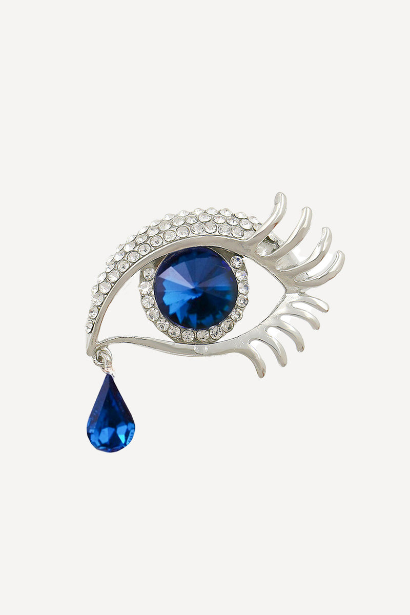 Teardrop crystal eye brooch in silver sapphire