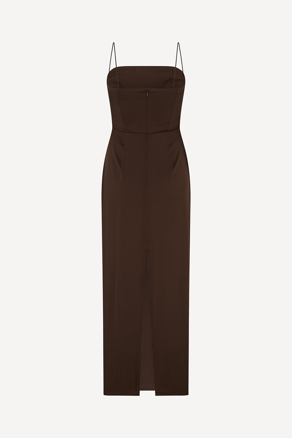 Back of a brown maxi slip dress will straight neckline and spaghetti straps on a pale grey background