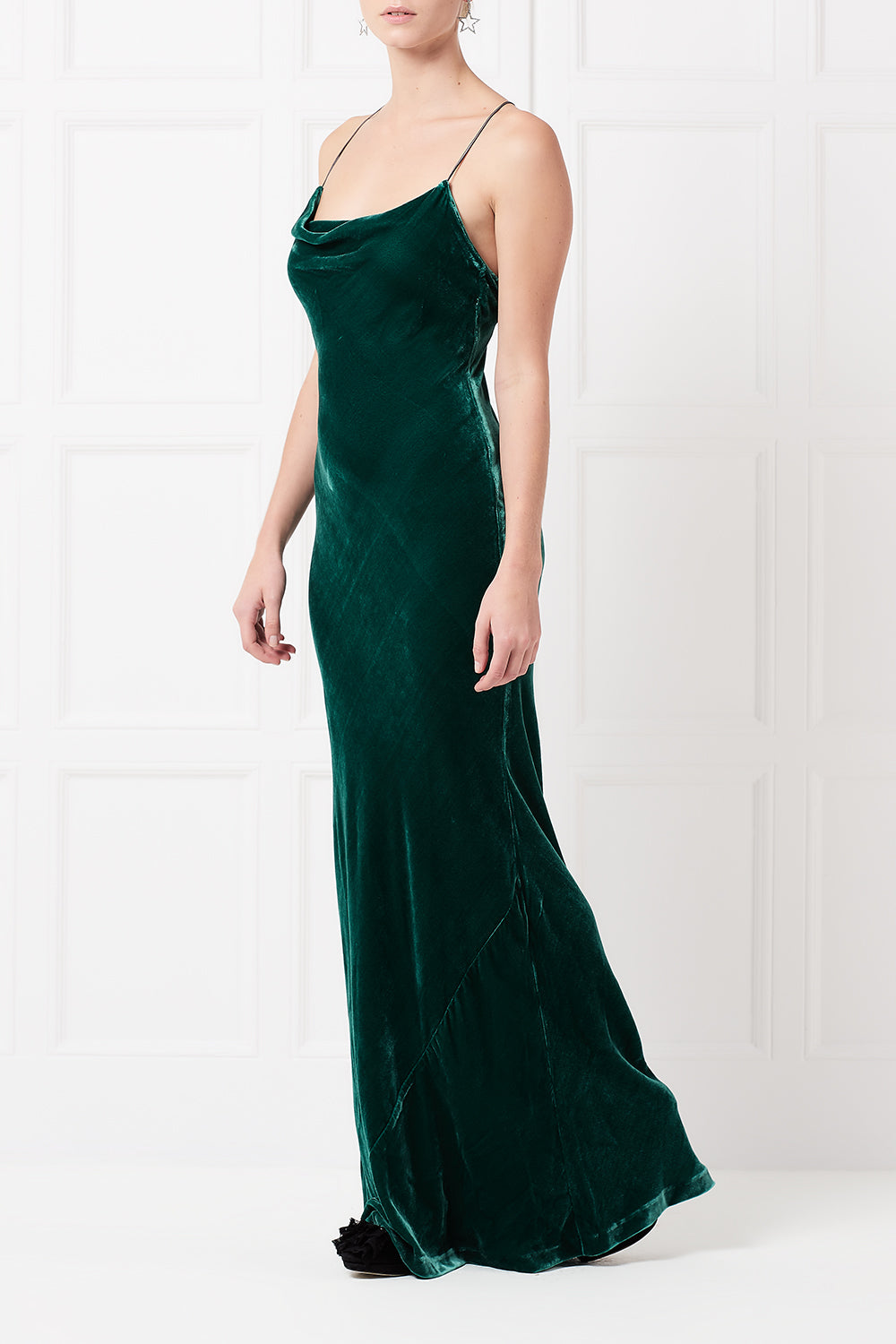 Siren maxi dress in green silk velvet