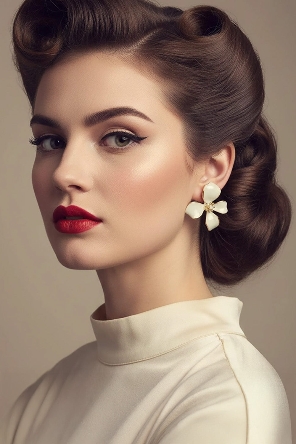 Woman with vintage-style hair and makeup wearing a flower earring. She is against a neutral background