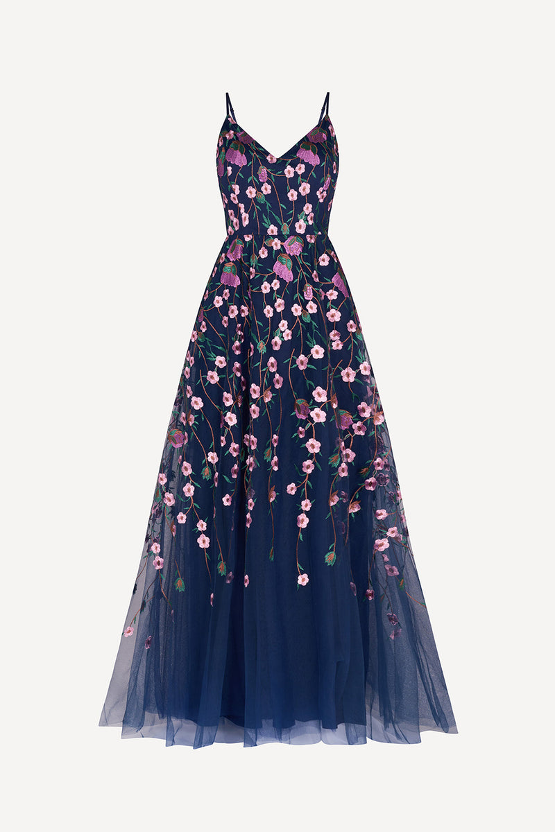 Embroidered tulle gown in navy