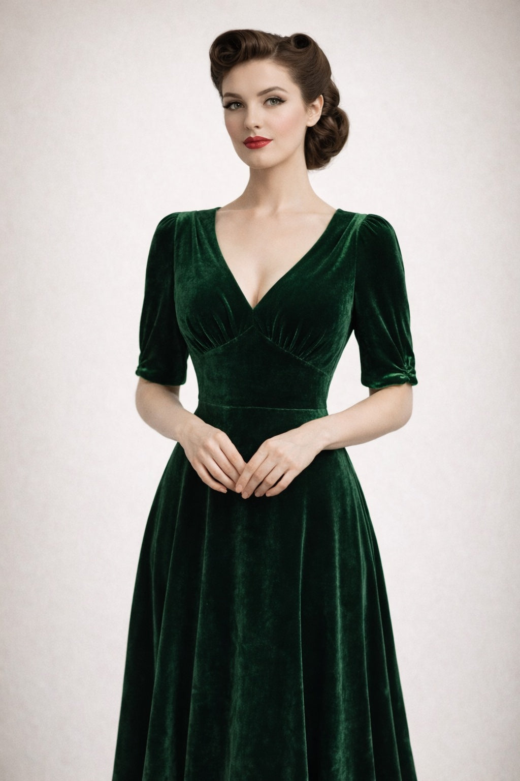 Woman wearing a green velvet dress against a plain background