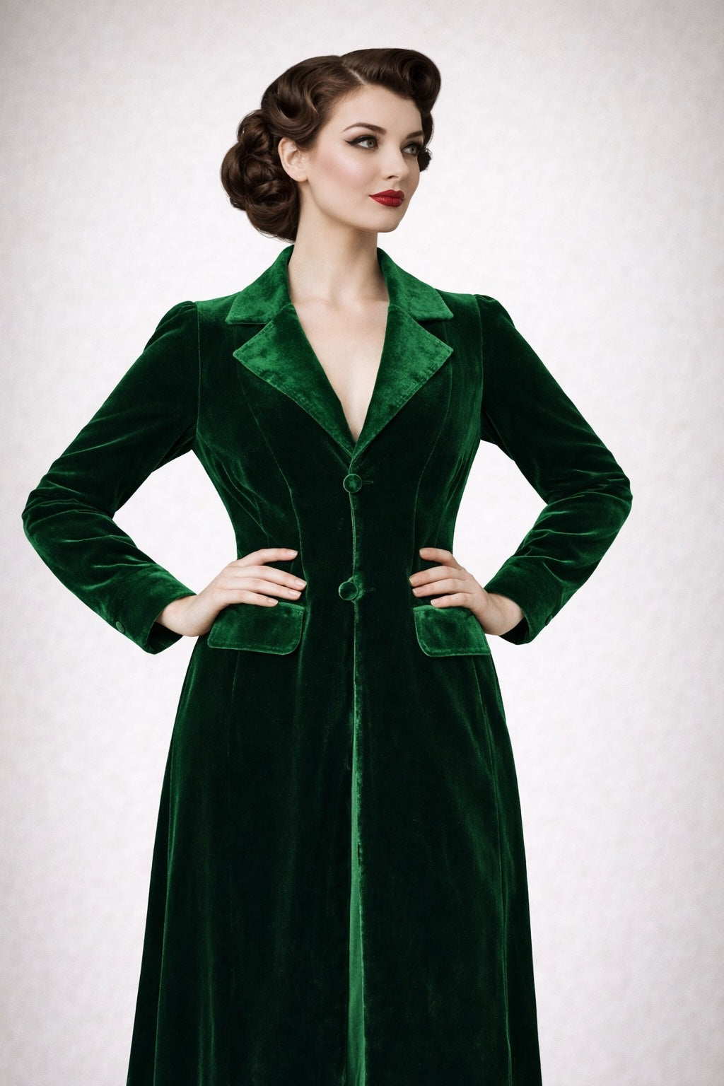 Woman wearing a green velvet coat against a plain background
