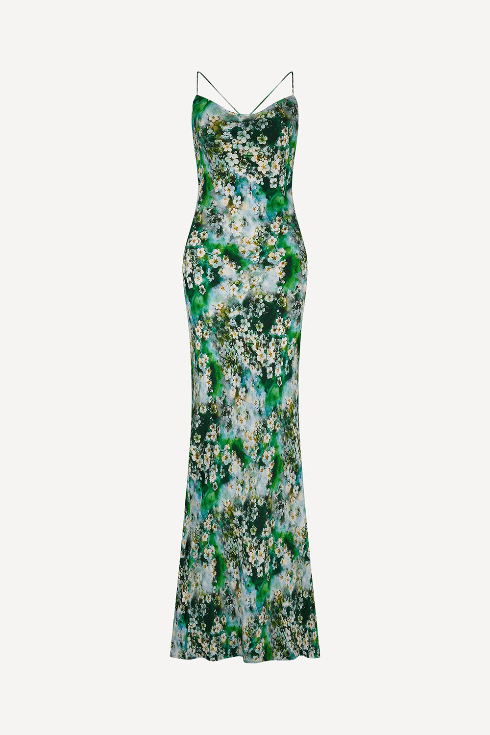 A sleeveless cowl-neck silk maxi dress with thin spaghetti straps, featuring an all-over green, white, and light blue floral print, shown against a plain light gray background.