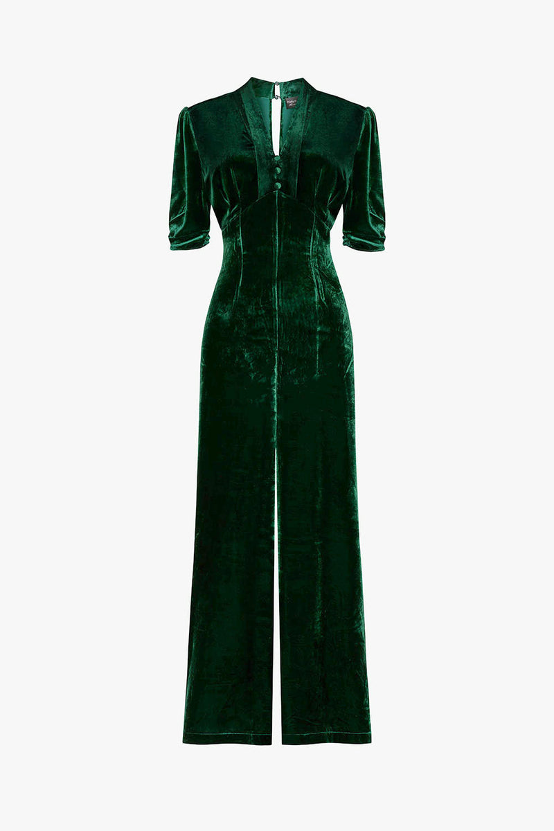 Alana jumpsuit in green silk velvet