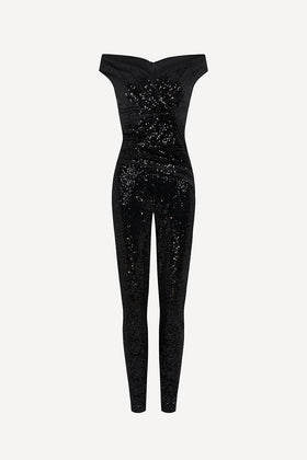 Femme totale sequin jumpsuit in jet black