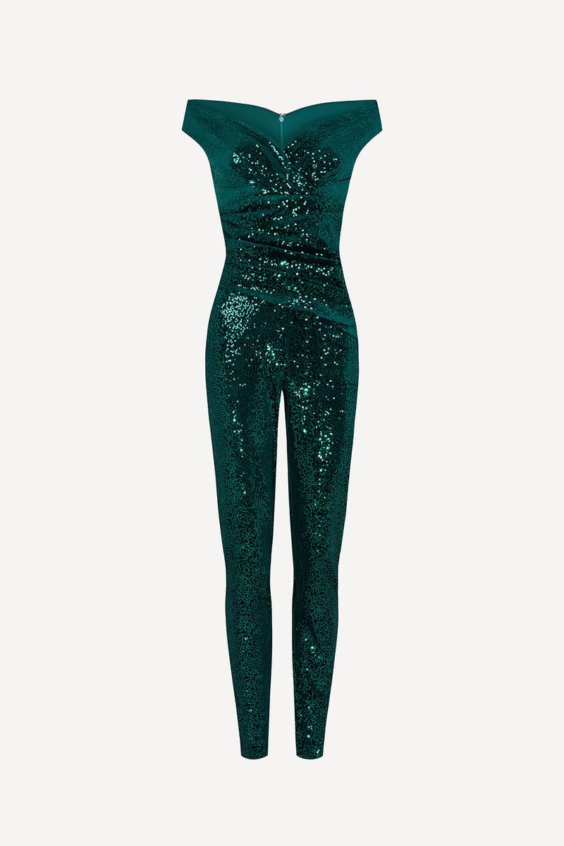 Femme totale sequin jumpsuit in emerald