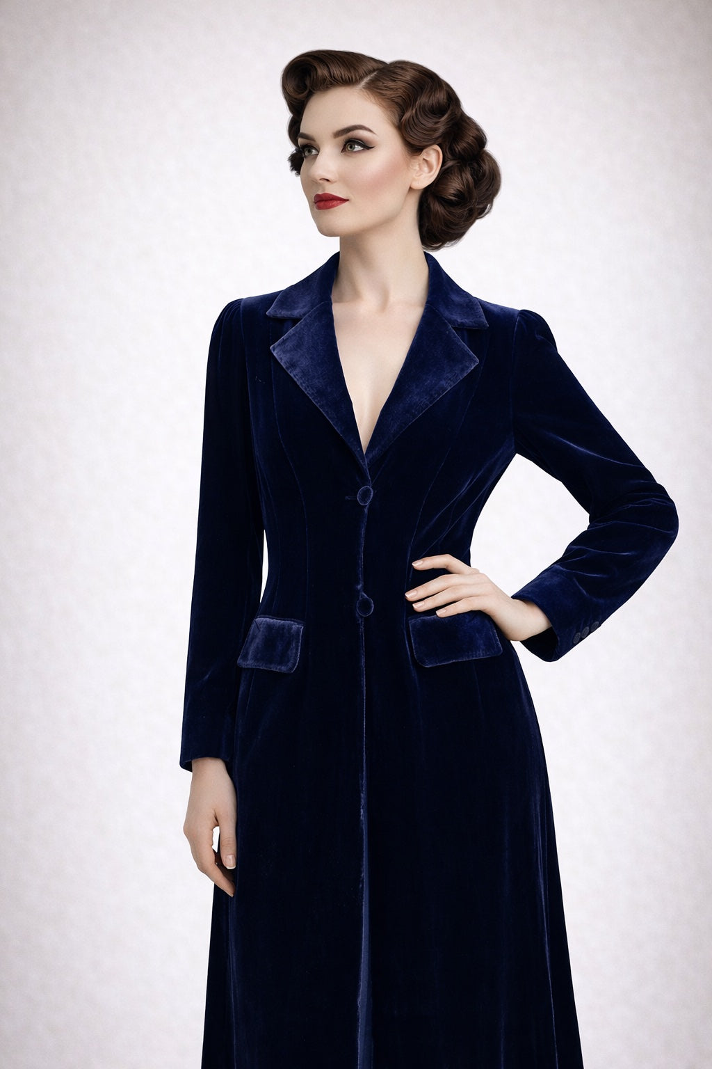 Woman wearing a dark blue velvet coat against a white background