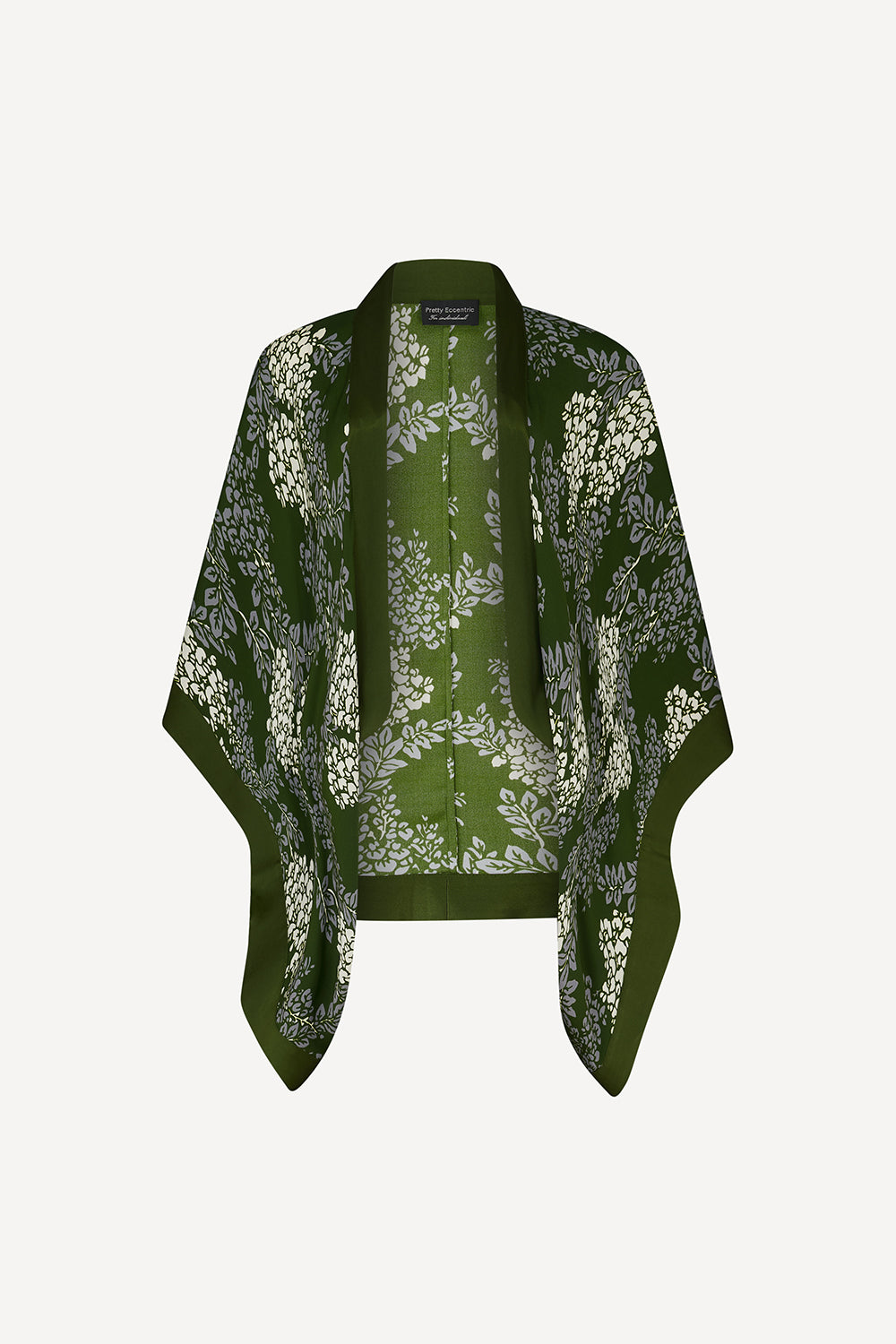 A khaki green open-front kimono-style cardigan with wide sleeves, featuring an all-over white floral pattern and a solid green border, displayed against a light grey background.
