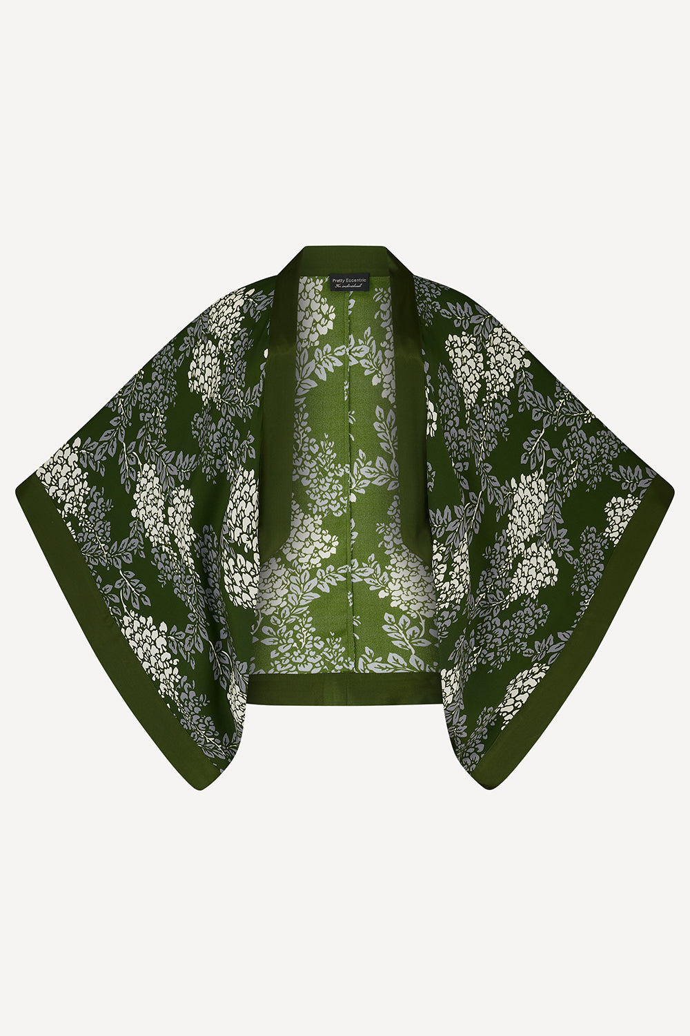 A khaki green open-front kimono-style cardigan with wide sleeves, featuring an all-over white floral pattern and a solid green border, displayed against a light grey background.